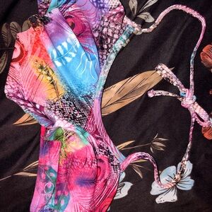 OP Multicolor Feather & Abstract Print Bikini Top - Pink Blue Purple